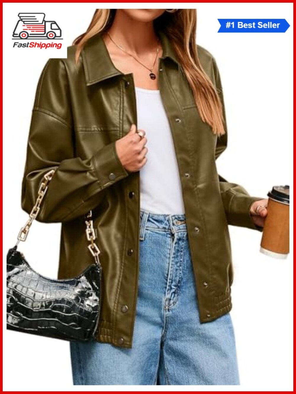 ✨Glamaker Women's Faux Leather Jacket Loose Fit Button Down Motorcycle Bomber